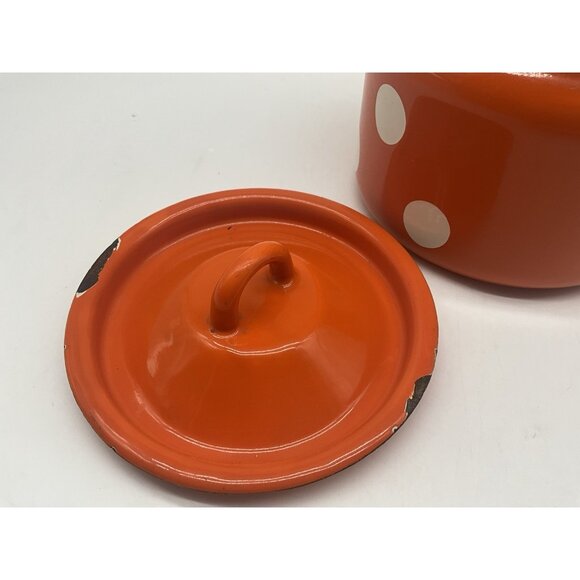 Enamel VTG  6 Inch High Mllk Can or Milk Churn Red/Orange w/White Polka Dots - Picture 9 of 16